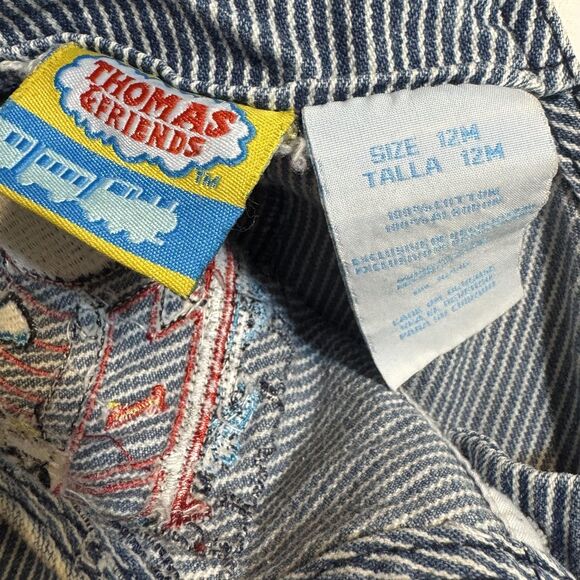 Thomas & Friends Overalls Infant Boys 12M Blue Hickory Stripe Denim Bib Snap Leg - Picture 8 of 9